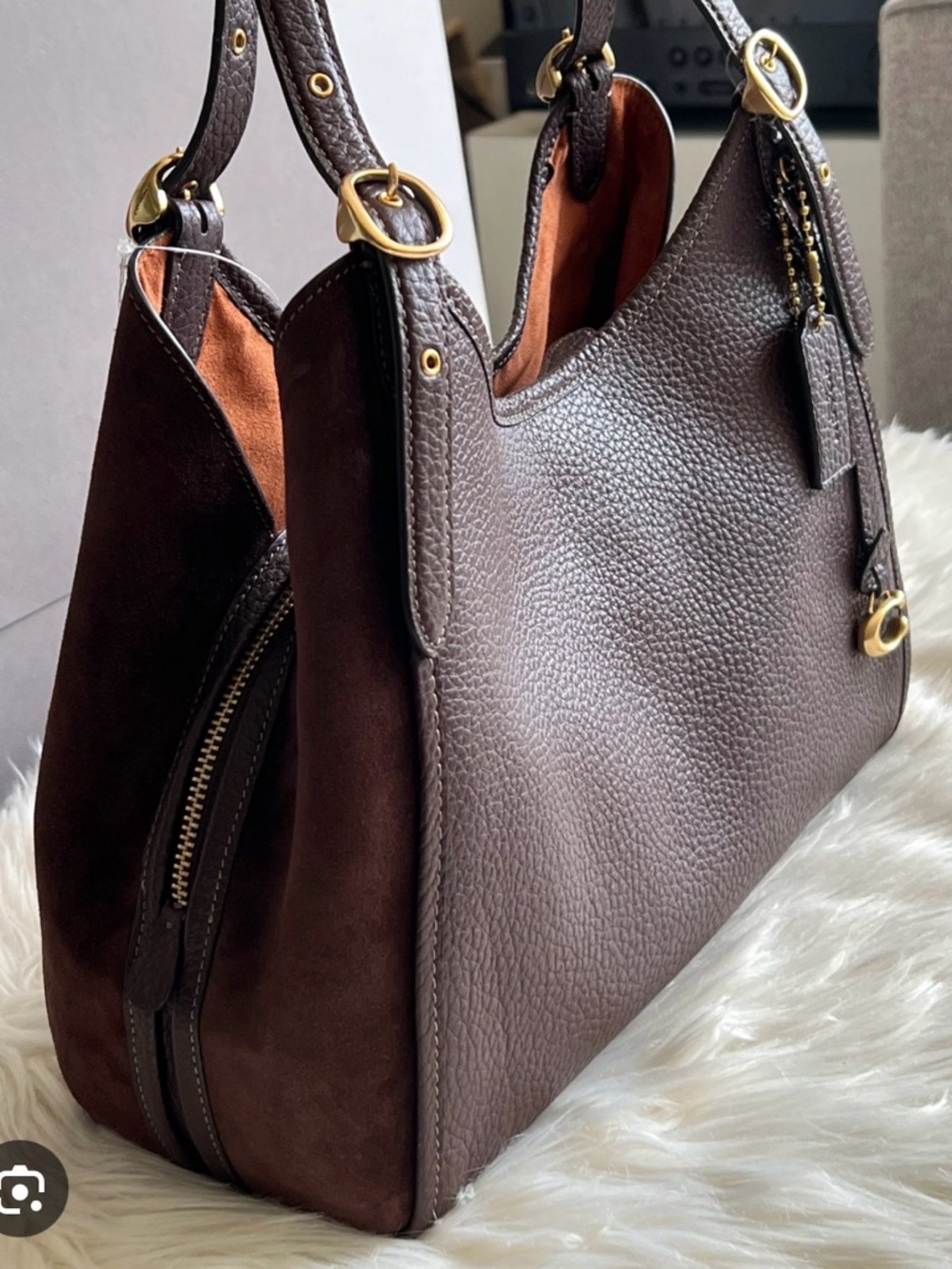 ISO Coach Lori/Bella Maple/Brass Pebbled Leather & Suede Shoulder Bag - Picture 1 of 5